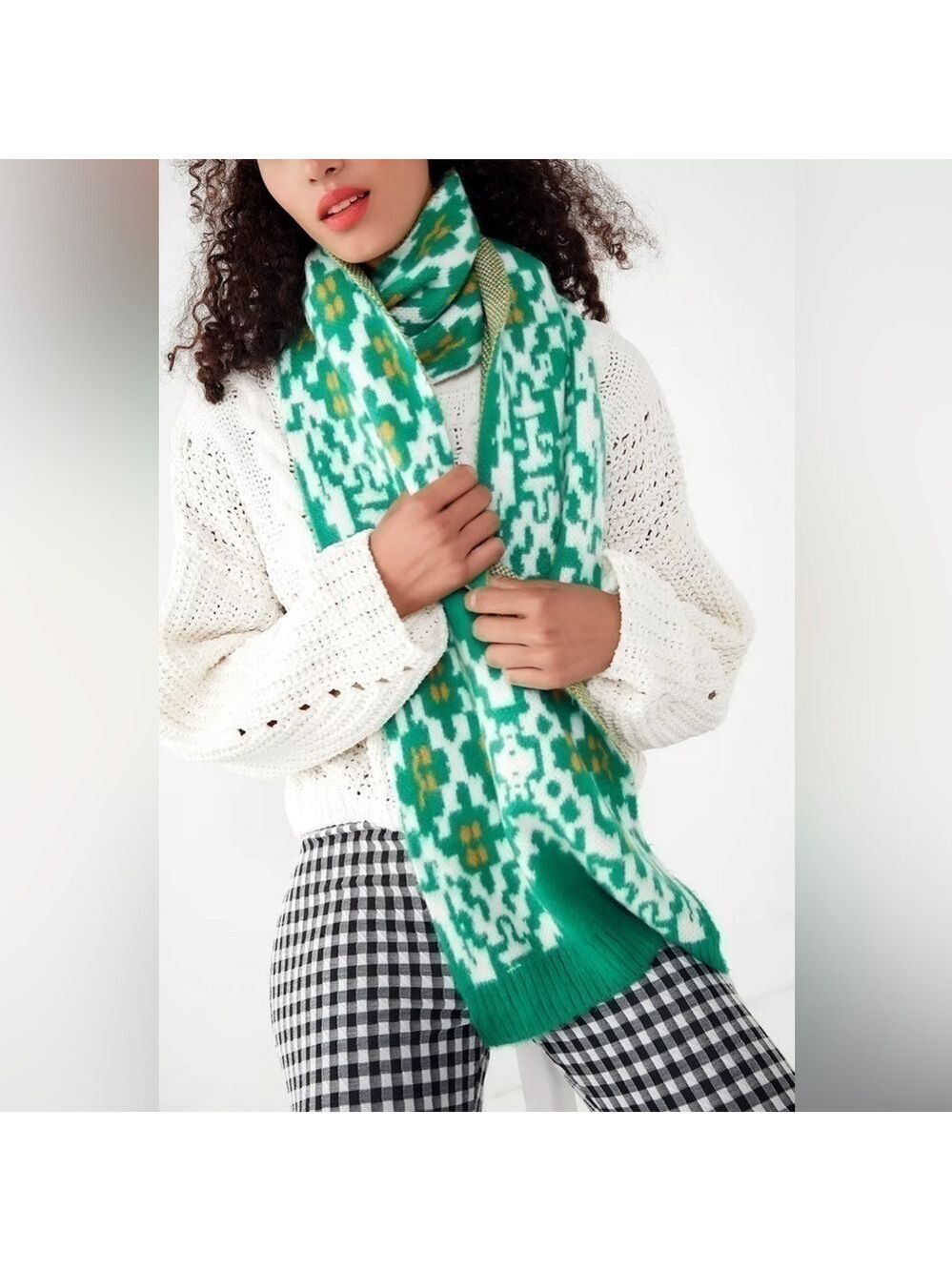 NWT Urban Outfitters Folk Print Scarf Green White Yellow Geometric Long Wrap